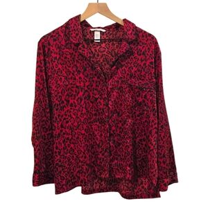 Victoria's Secret Red Leopard Satin Long Sleeve Button Front Pajama Top Size XL